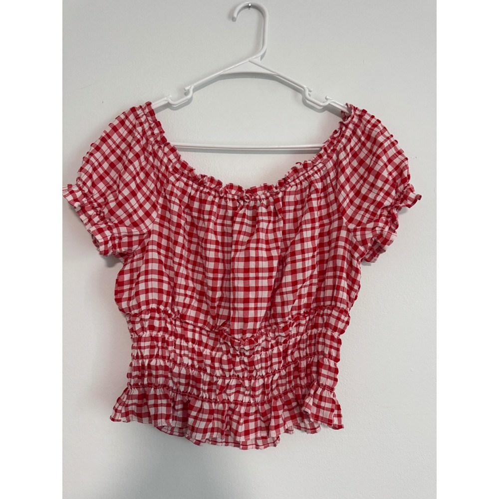 B-Wear Red Gingham Smocked Crop Top Short Sleeve Ruffle Blouse Large - Picture 3 of 6